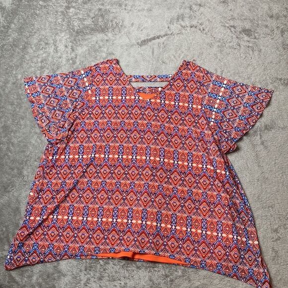 Catherines Women’s Plus Top Multi Color Mosaic Print Stretchy Cutout Tunic Top - Picture 2 of 9